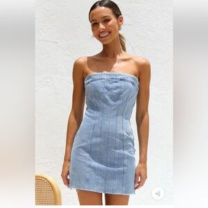 VINTAGE DISTRESSED BANDED STRAPLESS DENIM BODYCON MINI DRESS - LIGHT BLUE